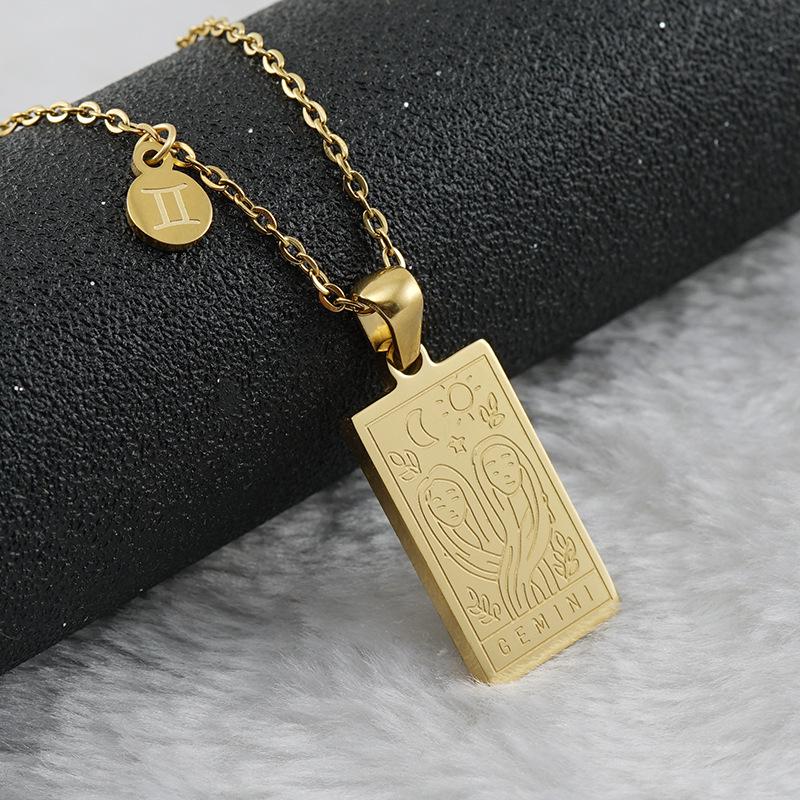 18K Gold Stainless Steel Zodiac Pendant Necklace - Square Constellation Design for Women