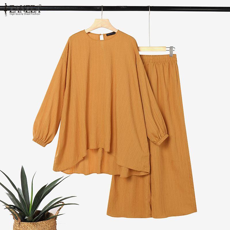 ZANZEA Completo da Donna Casual a Due Pezzi con Blusa a Manica Lunga Irregolare e Pantaloni Lunghi