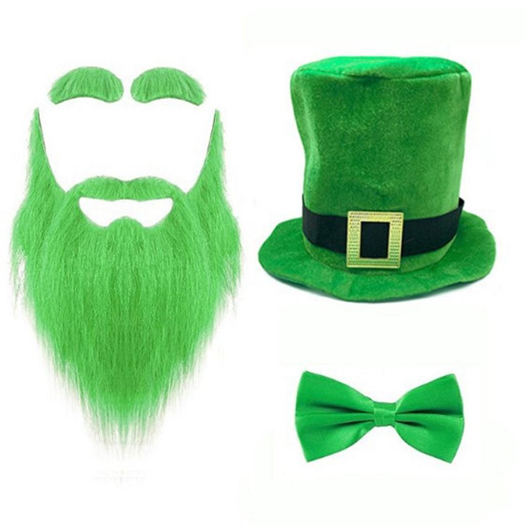 StPatrick Day Beard Hat Bowtie Costume Set for Family Gathering Carnival Party Celebration Props Irish Holiday Supply