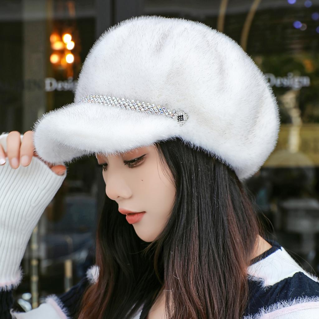 Artificial Fur Women's Velvet Hat Winter Outdoor Travel Warm Hat Faux Fur Duckbill Hat Noble Temperament Fashion Faux Mink Fur with Brim Beret