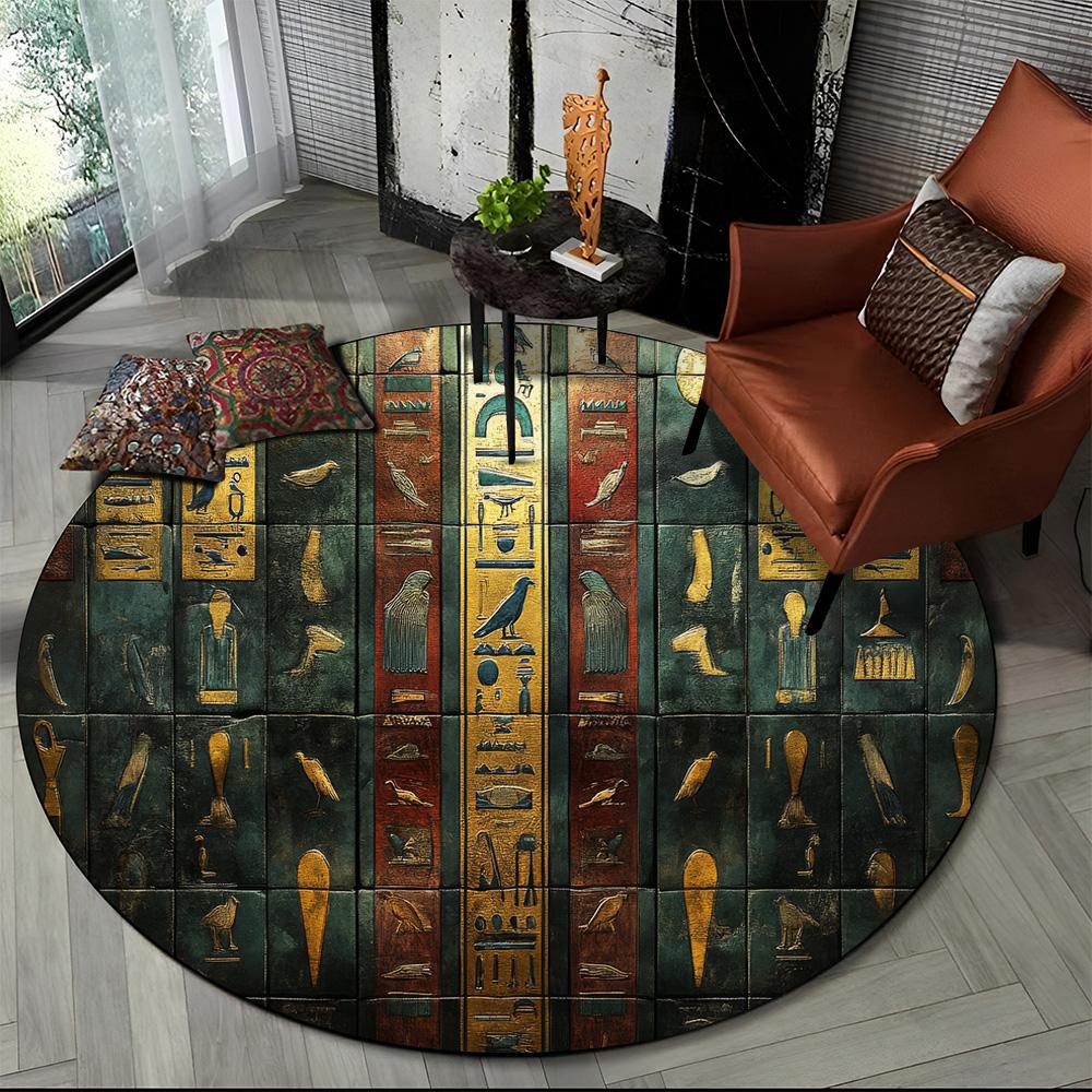 2025 New Ancient Egypt Hieroglyphic Mythology Wall Painting Glyph Round Carpet Rug for Bedroom Living Room Sofa,Decor Floor Mat