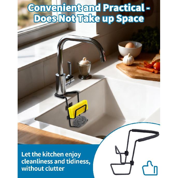 Sink Sponge Holder - Metal Kitchen Sink Faucet Organizer for Sponges, Brushes and Cleaning Tools, Faucet Sponge Holder Hanging Fix Around Faucet