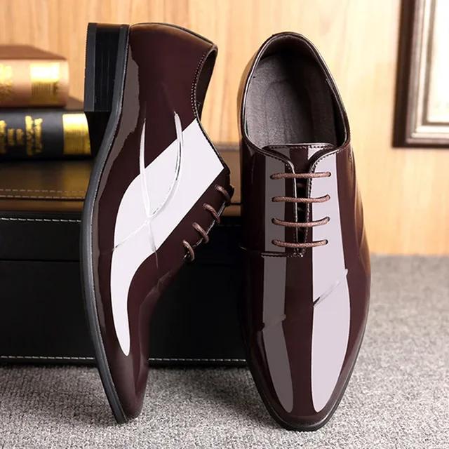 Men's New Formal Business Leather Shoes Spring Fashion Lace Up Pointed Patent Leather Wedding Shoes Big Size 38-48 Men's Shoes