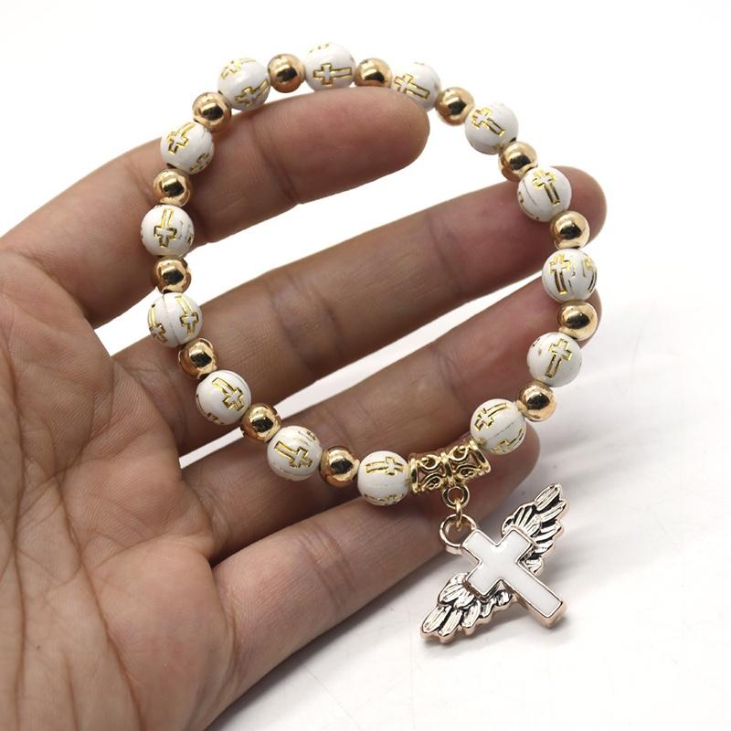 Exquisite Angel Wing Cross Rosary Bracelets Bronzing Acrylic Baptism Stretch Beaded Bracelets for Women Girls Religious Gift