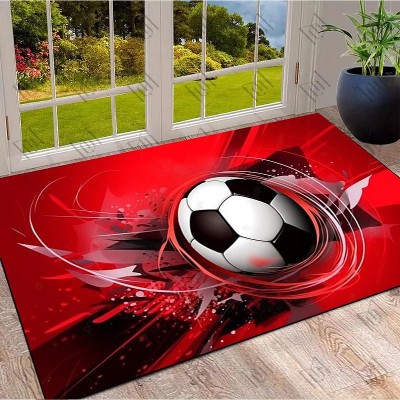 Red Dynamic Soccer Ball Swirl Splash Print Area Rug Football Sports Non Slip Rectangular Floor Mat Gaming Room Football Fan Bedroom Decor Rug