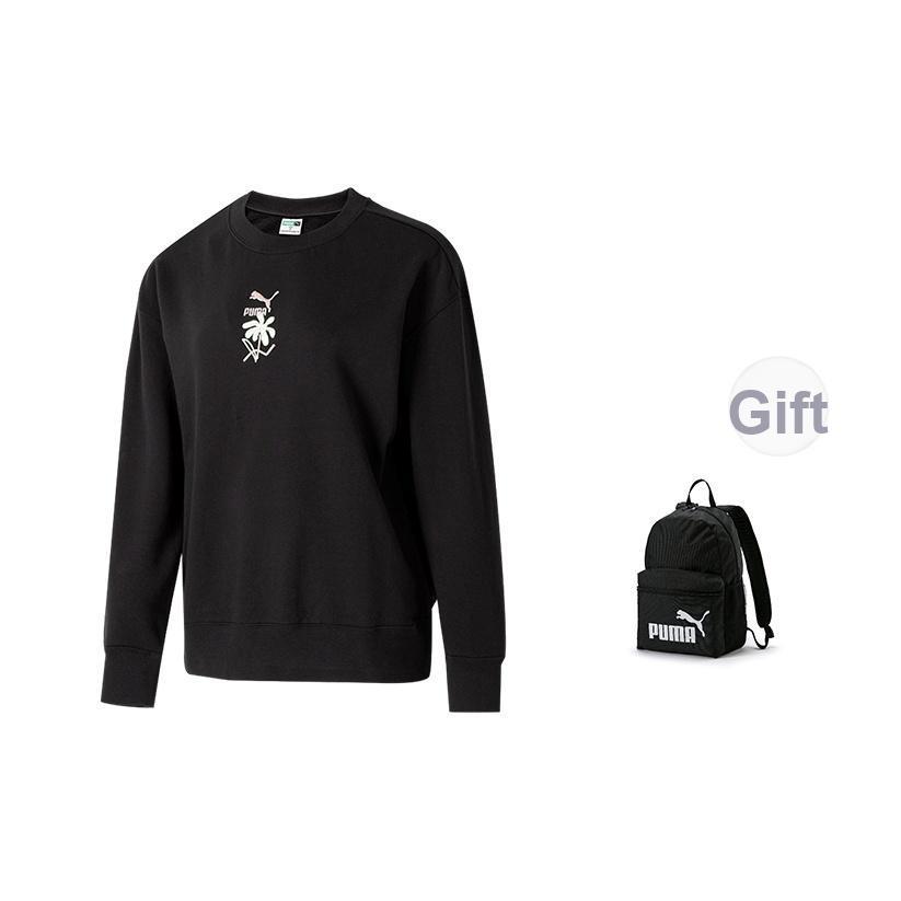 Puma Solid Color Embroidered Design Round Neck Long Sleeve Sweatshirt Women Sweatshirt Black 625808-01