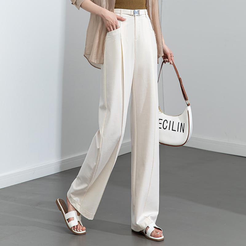 Summer thin Tencel straight-leg pants women's high-waisted thin and drape trousers loose wide-leg pants mopping dark gray belt