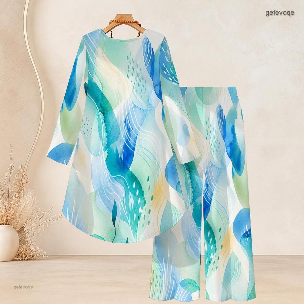 Women Plus Size Two Piece Set Round Neck Long Sleeve Printed High Low Top Wide Leg Pants