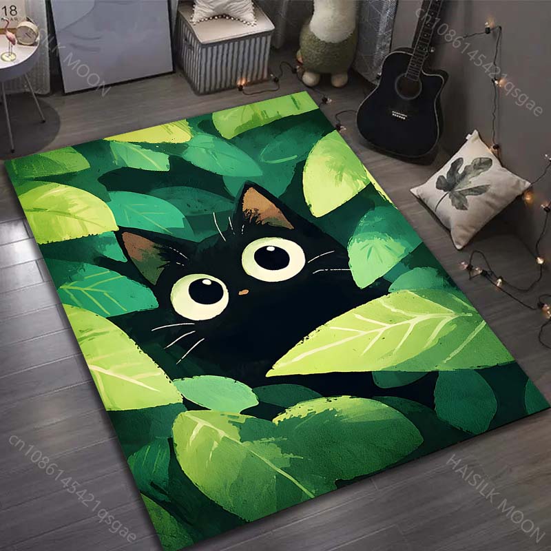 

1PC Black cat hiding in leaves Pattern Rug Carpets for Bedroom Living Room Sofa Mat Creative Door Mat Cloakroom Home Decor 40x60cm