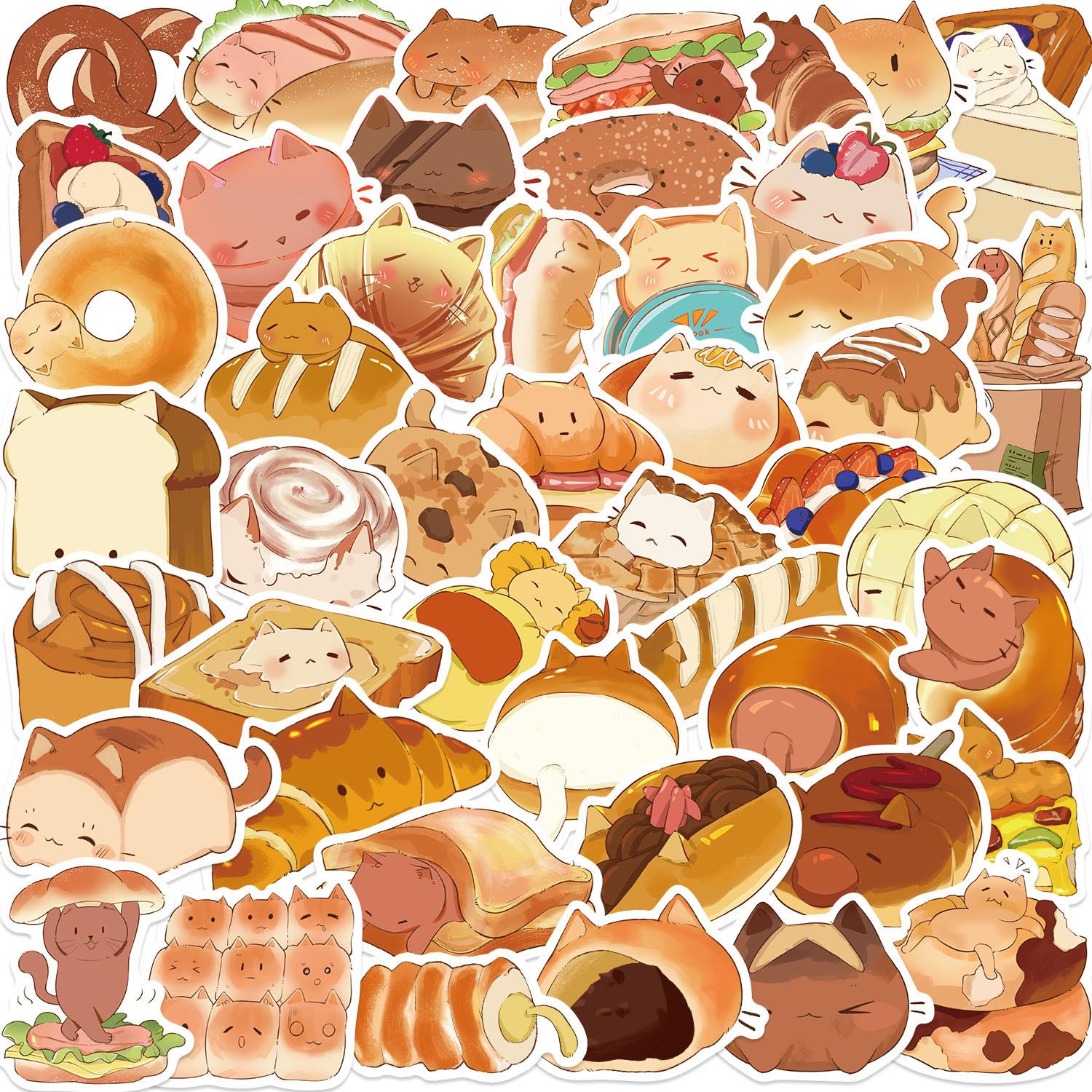 

50pcs Bread Cats Dessert Cartoon Graffiti Stickers Phone Guitar Laptop Notebook Suitcase Water Bottles Waterproof Sticker Decals
