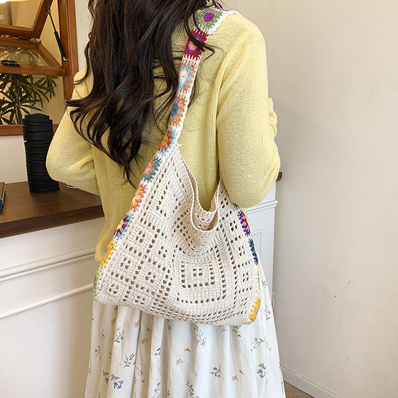 Summer Large Capacity Boho Tote Bag Floral Crochet Handbag Vintage Multicolor Cut-Out Knitted Fashionable Hollow Out Handbag