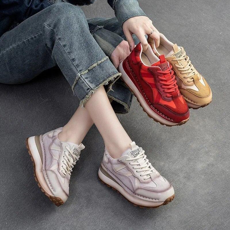 Johnature Genuine Leather Sneakers Casual Sports Shoes Round Toe Lacd-up Retro Versatile Women's Flat Shoes