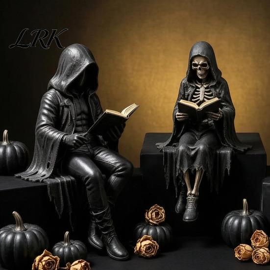 Zittend Magere Hein Model Gotische Dark Fantasy Figuur, Lezend Met Kap Standbeeld, Hars Skelet Standbeeld Halloween Figuurtje voor Boekenkast Huisdecoratie