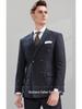Men's Slim Fit Double-Breasted Gray Striped Suit - British Style Business Casual/Formal Tuxedo for Groom or Wedding.
