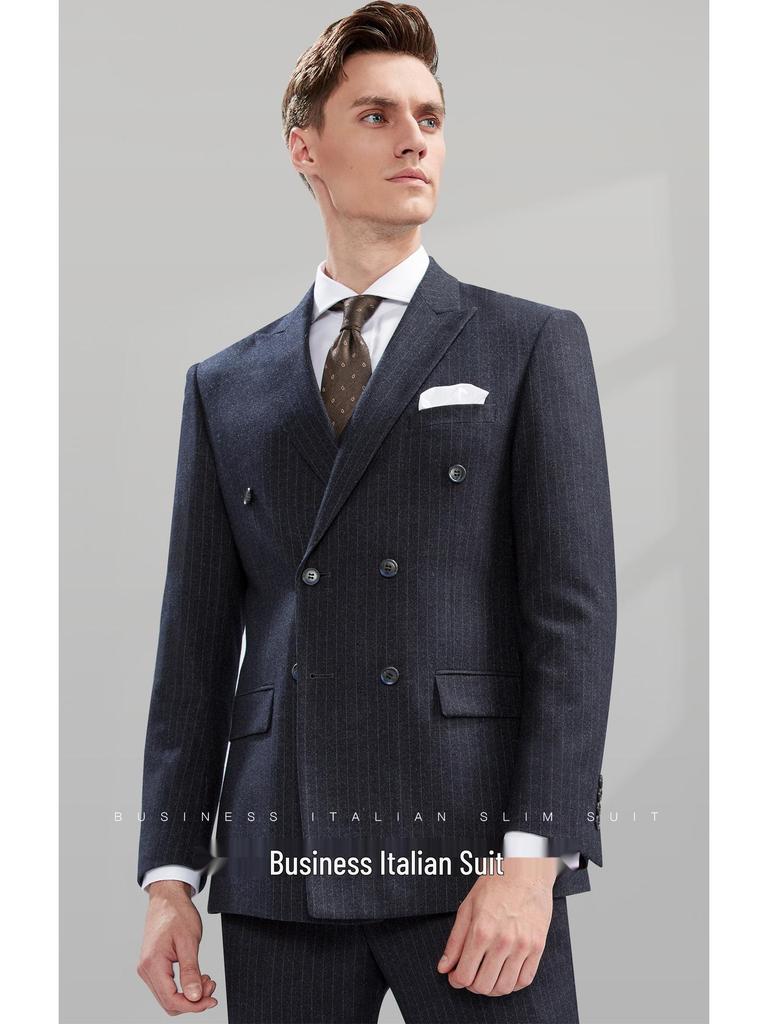 Men's Slim Fit Double-Breasted Gray Striped Suit - British Style Business Casual/Formal Tuxedo for Groom or Wedding.