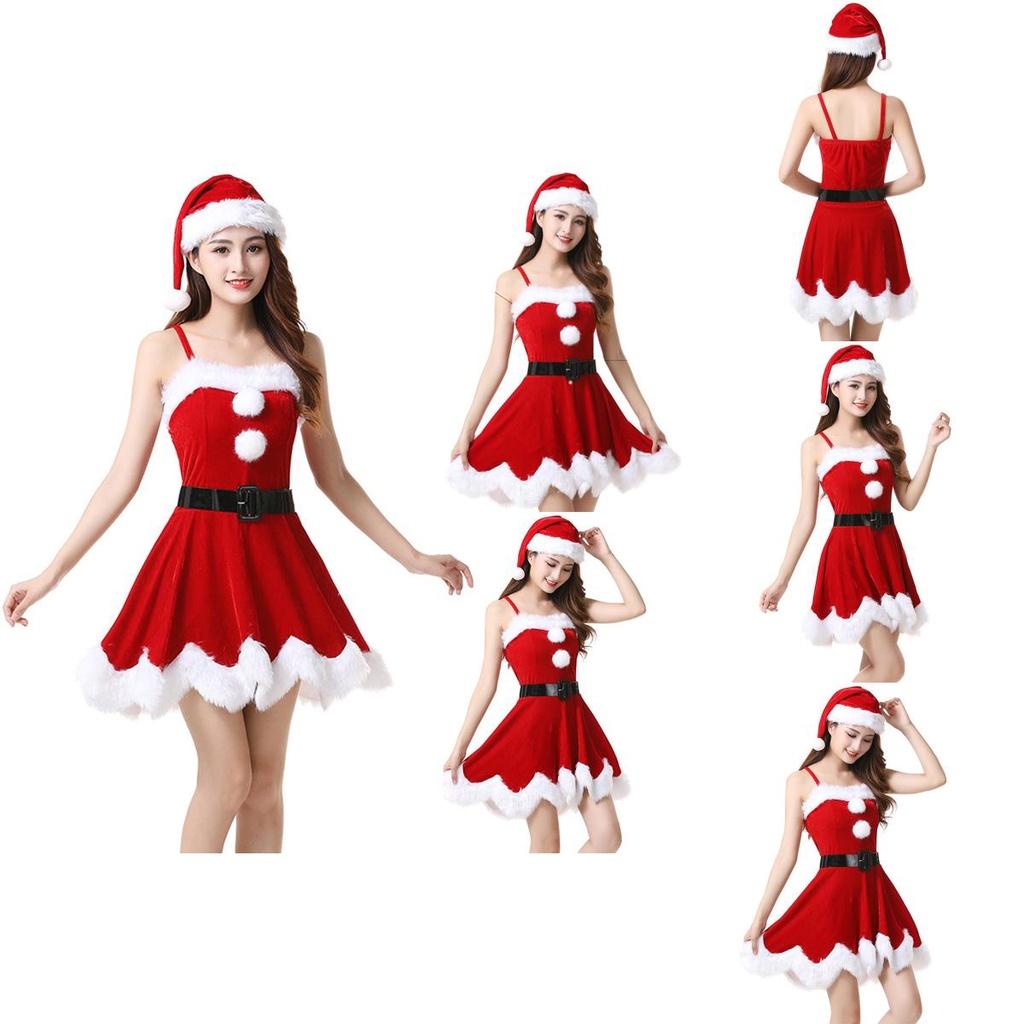 Roter Samt Damen Weihnachtskostüm Mit Weichem Nikolauskleid Und Hut