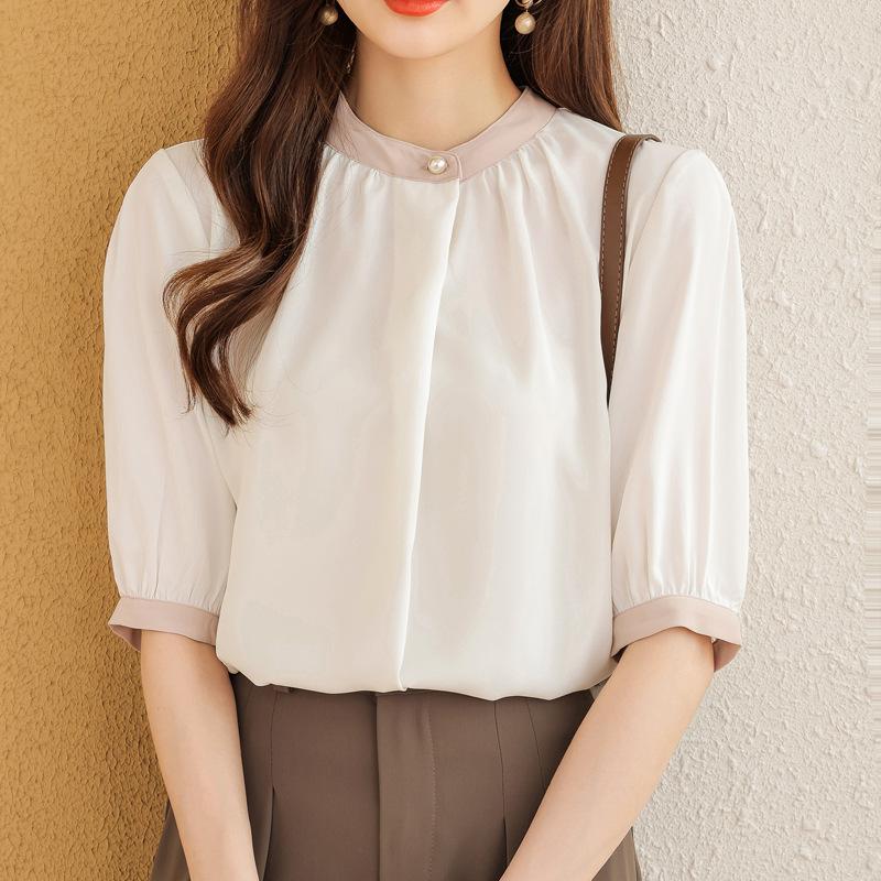 

Летний новый стиль, рубашка с отделкой, маленьким воротником-стойкой, жемчужными пуговицами, свободного кроя, с короткими рукавами для женщин XL розовый