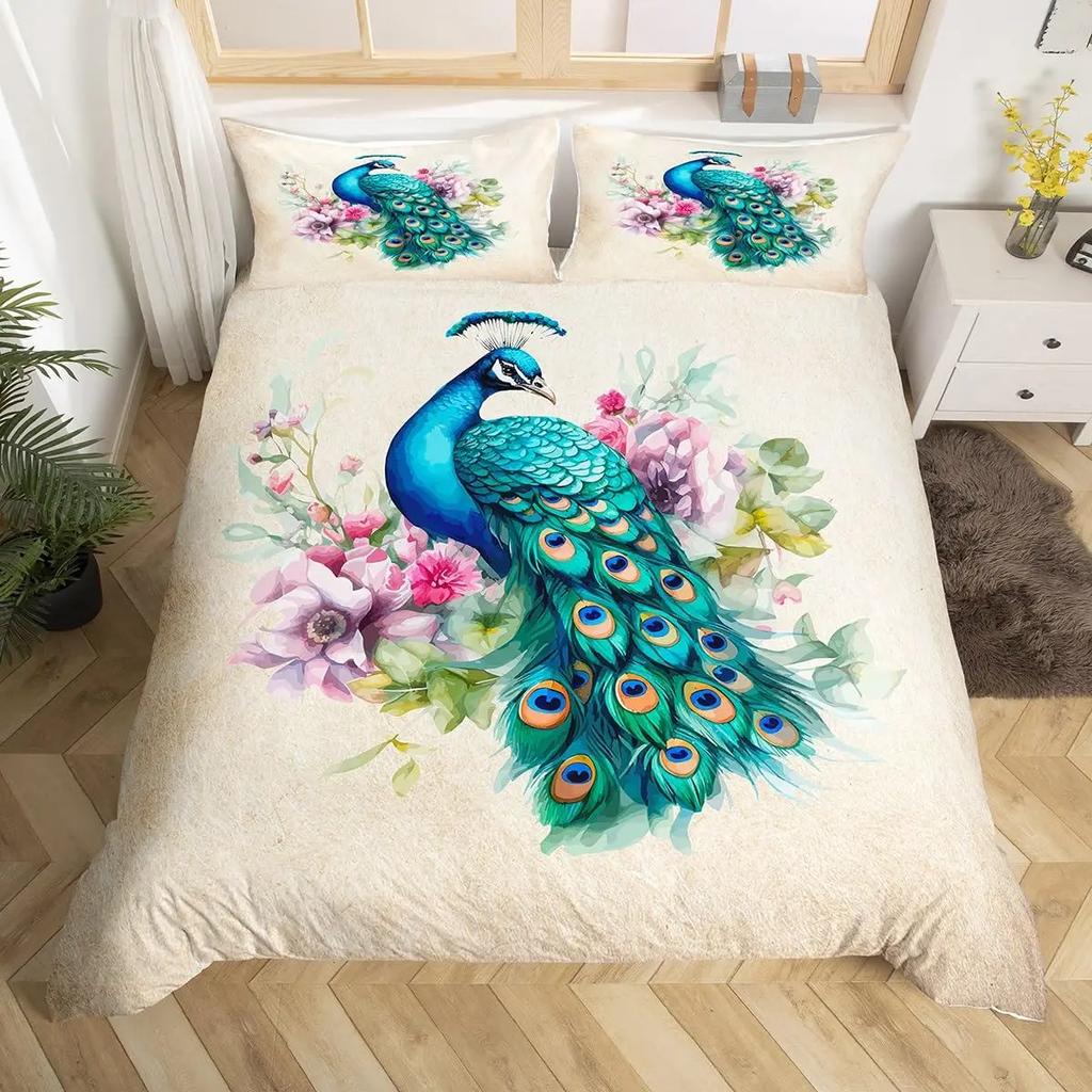 Comforter Peacock Queen Watercolor Feather Bedding Set Bird Animal Floral Print Art Painting Comforter And 2 S