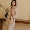 New Women's Loose and Breathable Comfortable Cotton Double-layer Gauze Pomegranate Flower Diagonal Placket Lace-up Long-sleeved Kimono Skirt