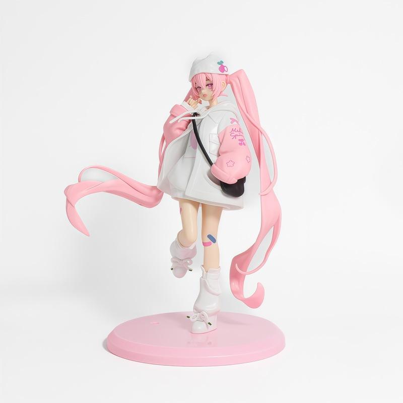 Felpa con Cappuccio Figura Hatsune Miku Coda di Cavallo Doppia Rosa Stile Curativo Modello in PVC Carino Decorazione da Scrivania Oggetto da Collezione Regalo Per i Fan