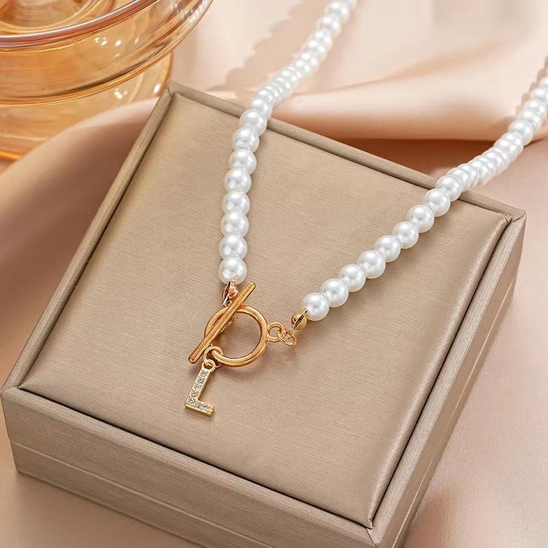 Rhinestone Letter Imitation Pearl Choker Necklace For Women Gold Plated Crystal Initial Pendant Necklace
