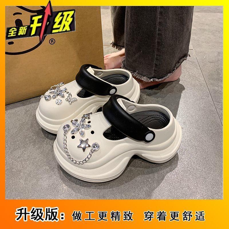 Heightened Thick-soled Non-slip High-end Fashion Hole Shoes 2025 Summer Wear Rhinestone Bag Head Women Cool Slippers Women