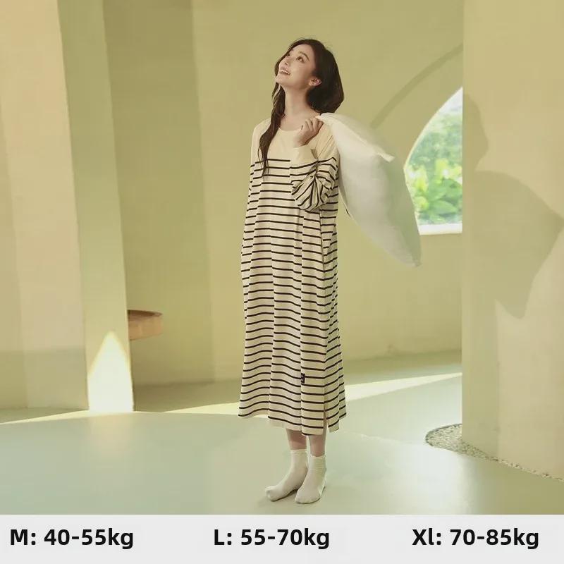 "High-End Striped Long-Sleeve Nightdress with Chest Pad for Women - Over-the-Knee, Large Size, Cotton, Spring to Summer"