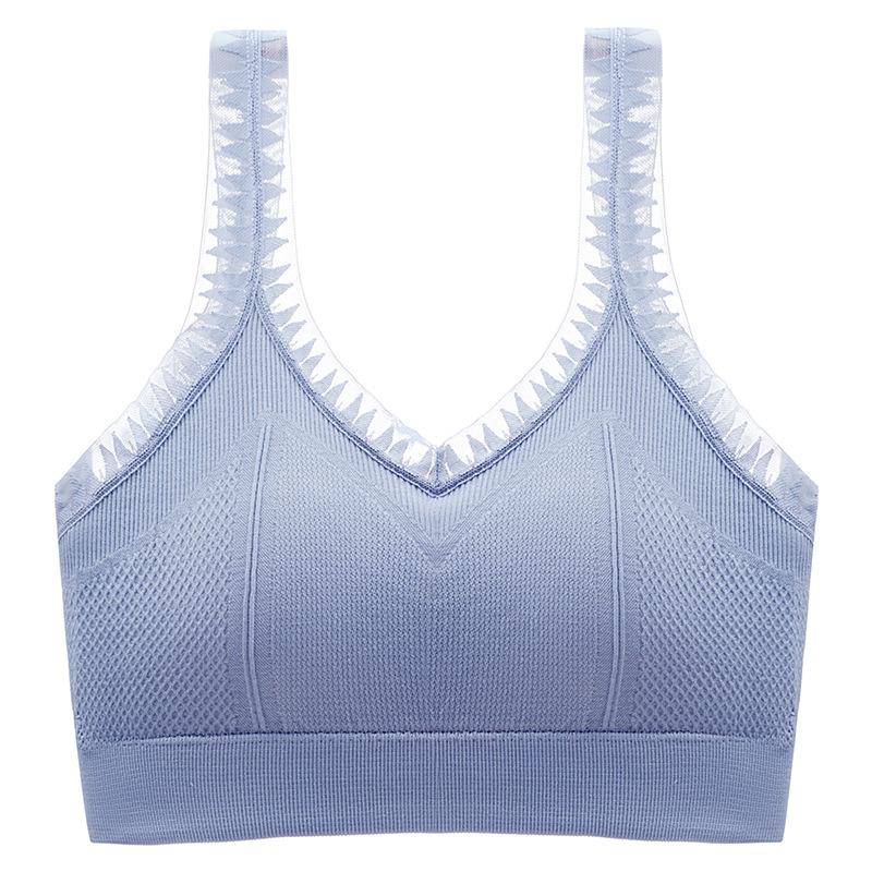 Olive Green Ribbed Wireless Bra with Sheer Lace Trim