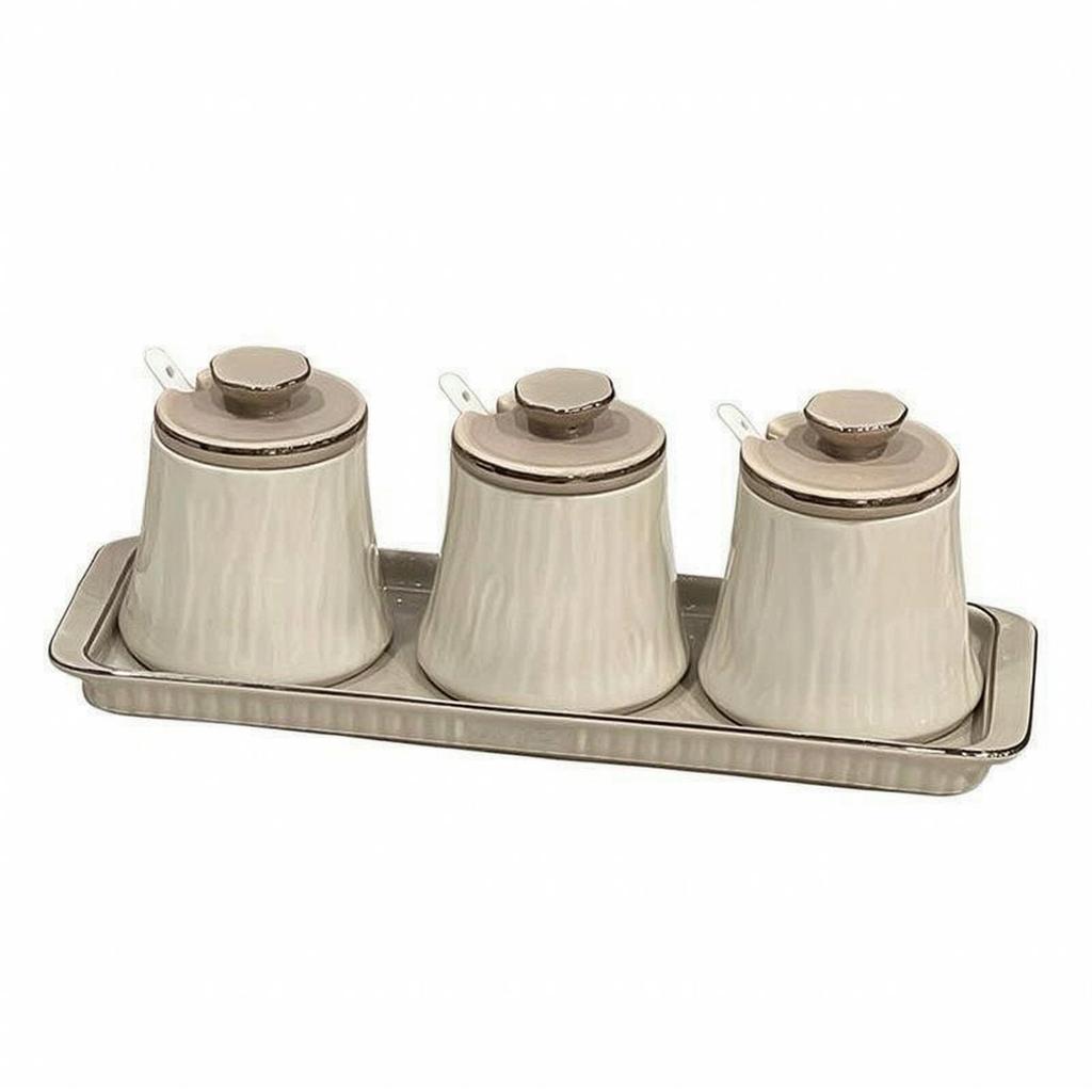 3 Pieces Ceramic Seasoning Jar with Lid Countertop Condiment Organizer Tray