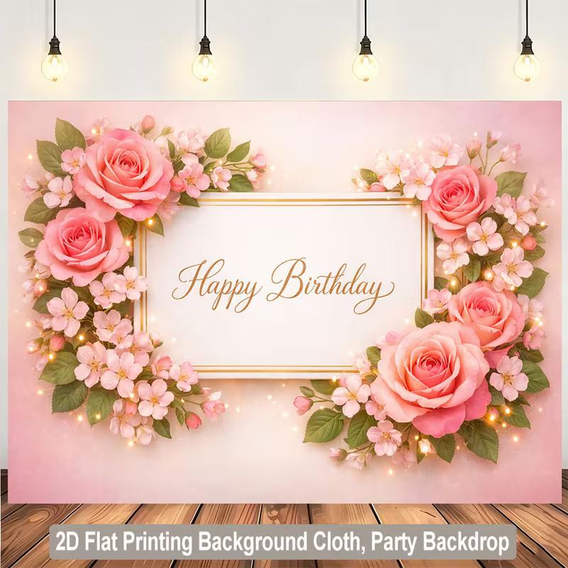 2D Pink Rose Happy Birthday Backdrop for Women, Girls & Birthday Party Photography