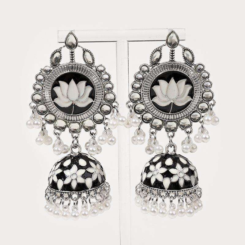 

Ethnic Lotus Flower Dangling Earrings Women Crystal Design Enamel Earring Afghan Kundan Jhumka Jewelry Accessories чорний