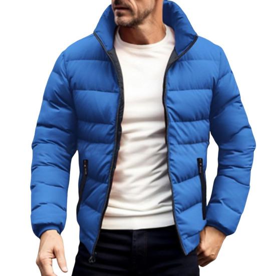 Men Down Coat Stand Collar Long Sleeve Full Zipper Closure Solid Color Jacket Coat with Side Zipper Pockets Outdoor Leisure Quilted Outwear