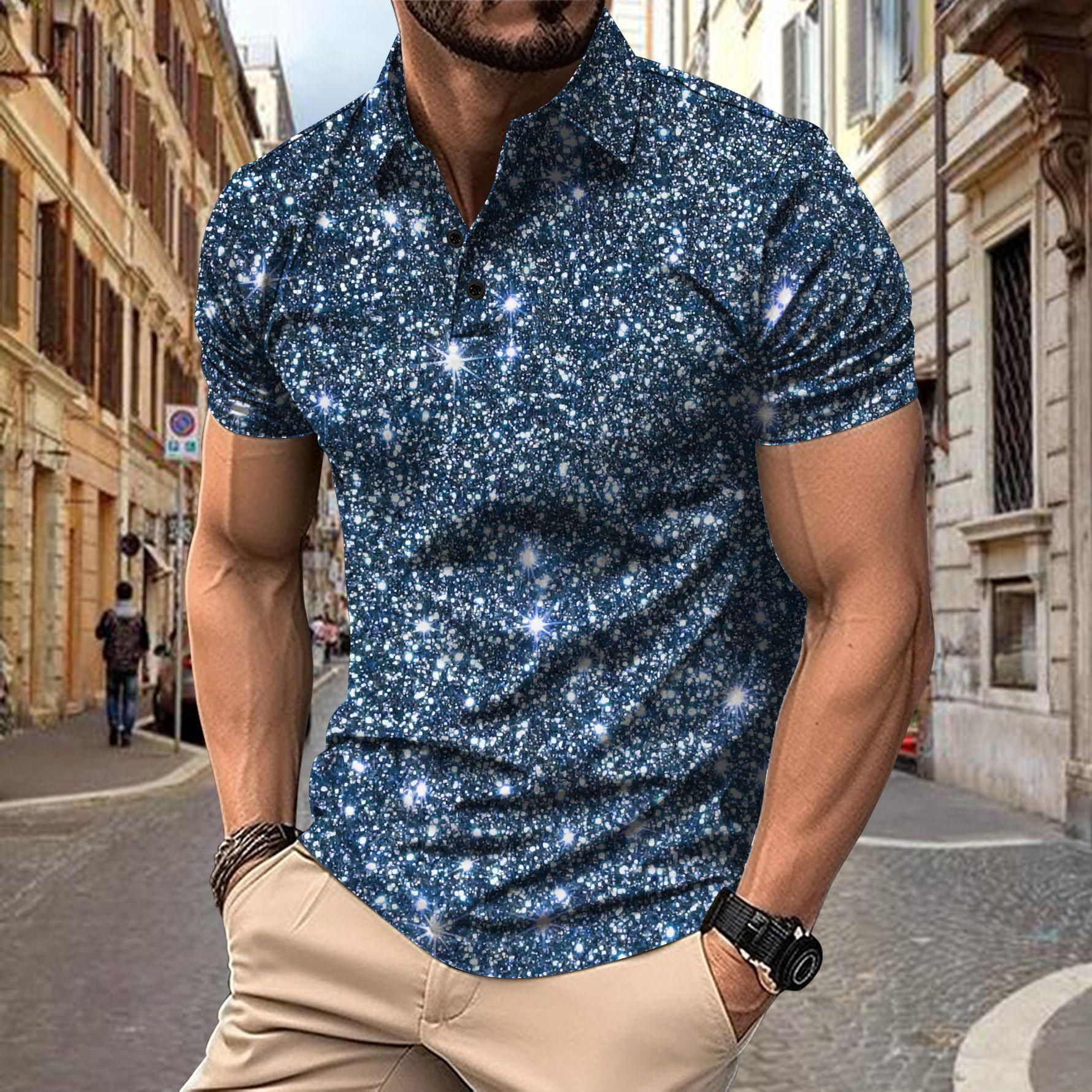 Cloth W Heren Polo T-shirts Mode Casual Korte Mouw 3D Sparkle Pailletten Print Heren Sport Shirt L blauw
