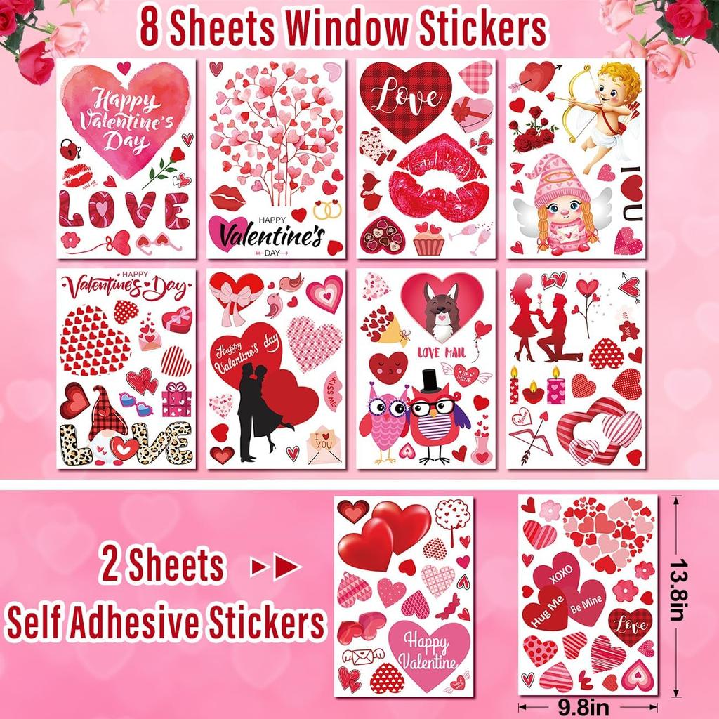 WOHOHOHO 181Pcs Valentines Day Window Clings Decorations, 10 Sheets Valentine's Day Window Stickers, LOVE & XOXO Banner, 12Pcs Heart-Shaped Balloons.