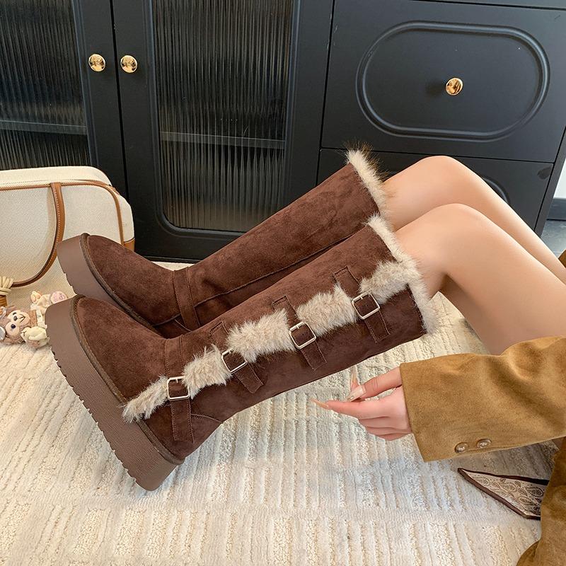 Metal Buckle Platform Snow Boots Winter New Round Head Bull Suede Platform Tall Shoes