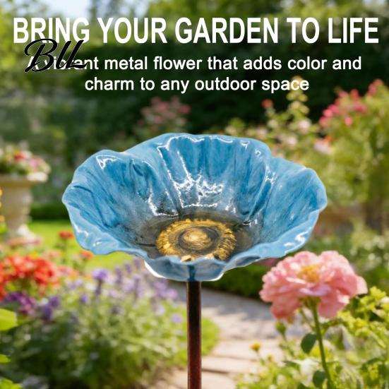 Bee Watering Station Metal Flower Yard Stake Handmade Ground Insert Bird Butterfly Water Bath Feeder Drinking Bowl Outdoor Decor for Garden Lawn
