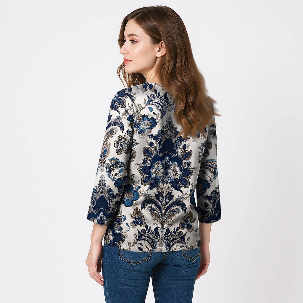 Women's 3/4 Sleeve Shirts V Neck Print Tops Casual Tops Basic Tees Blouse Loose Tops