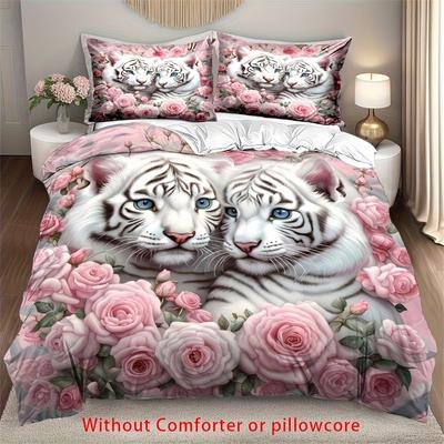 2/3Pcs Tiger Rose 3D Print Duvet Cover Set (1 Duvet Cover + 1/2 Pillowcase, Without Core), Elegant White Tiger Animal Flowers