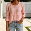 Women Tops Long Sleeve Round Neck Loose Fit Pullover Tops with Pleated Hem Pure Color Spring Summer Casual Shirt