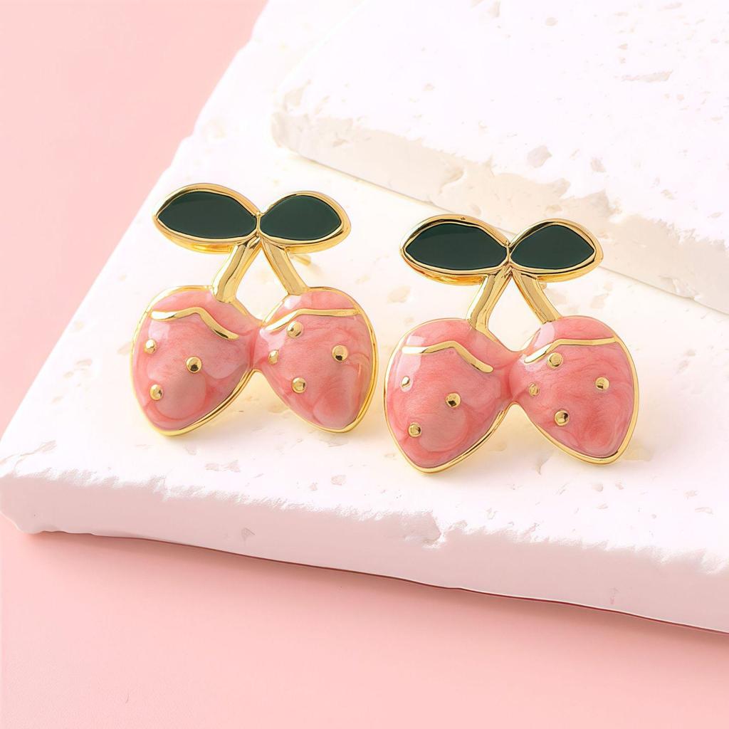 Sweet Fruit Drip Oil Strawberry Cherry Stainless Steel Stud Earrings Fashion Jewelry