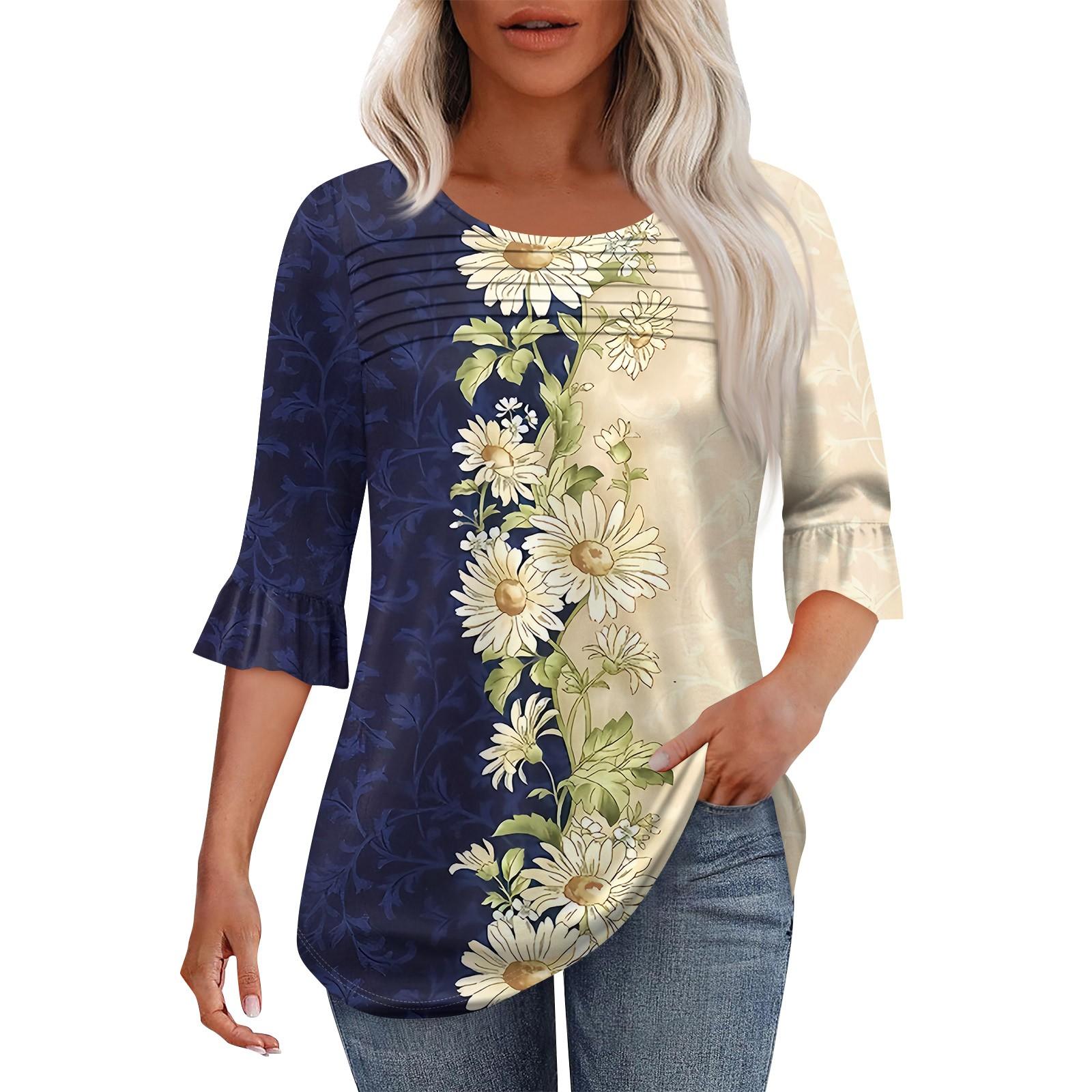 

Жіноча модна плісирована верхня частина з 3/4 рукавами та круглим вирізом M Темно-синій