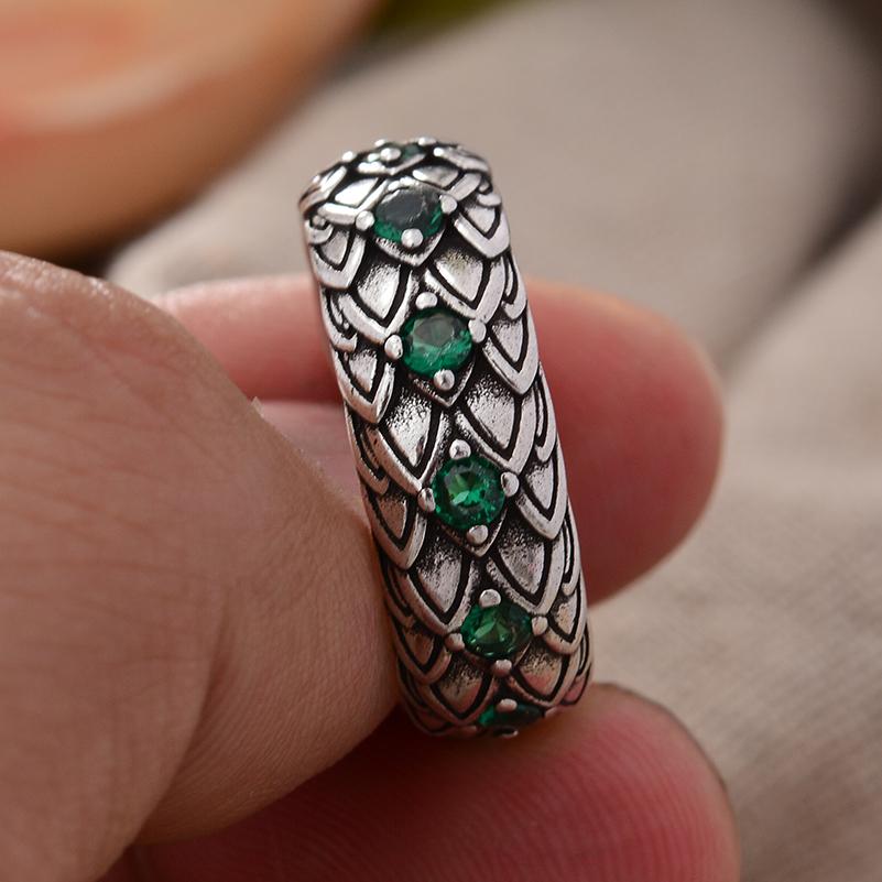Hand Jewellery Accessories Retro Snake Scales Green Crystal Thai Silver Man Ring Birthday Gifts No Fade