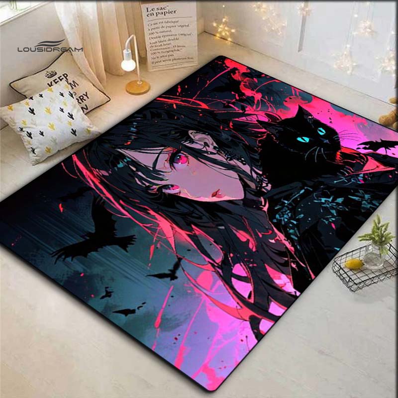 Anime Girl Black Cat Bat Neon Dark Art Print Area Rug Non‑Slip Floor Mat Gaming Room Home Bedroom Decor