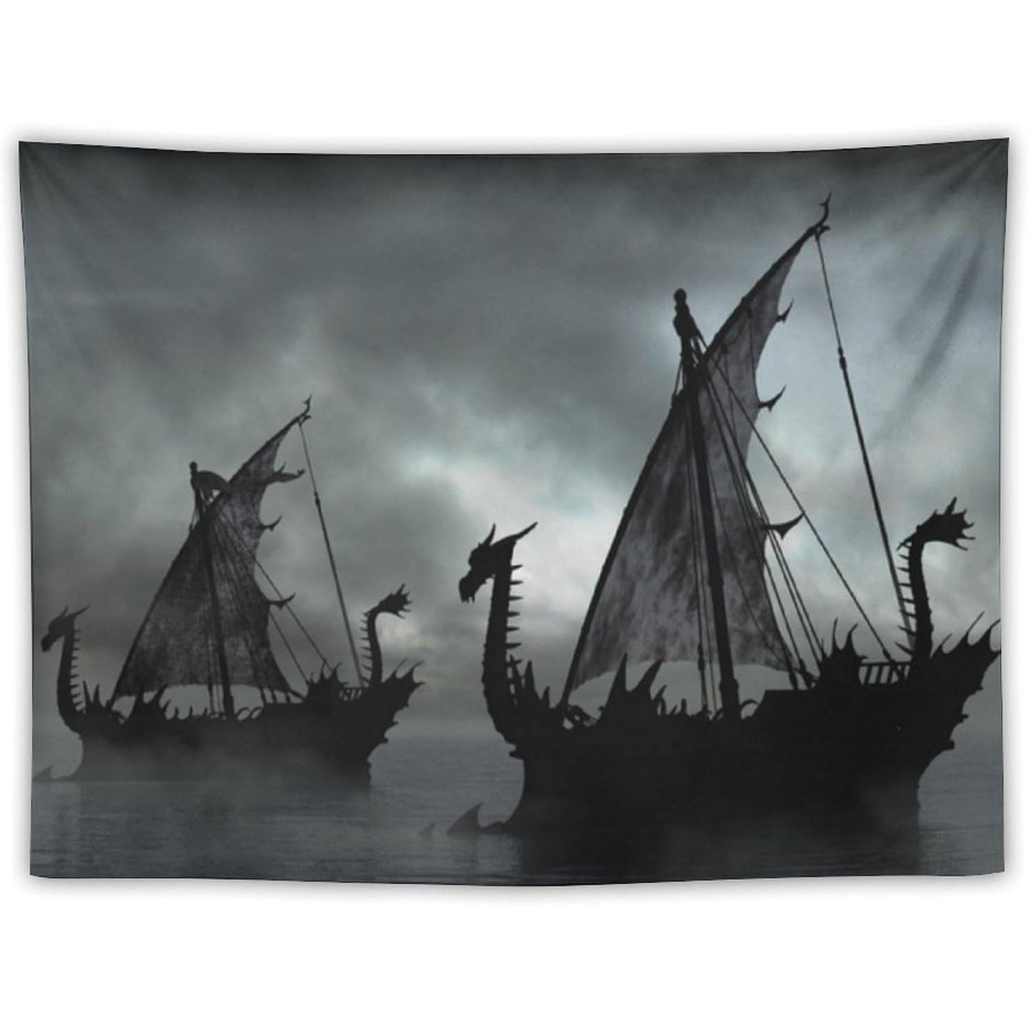 Tapestry Viking ship vintage medieval style sailboat dragon 75x100