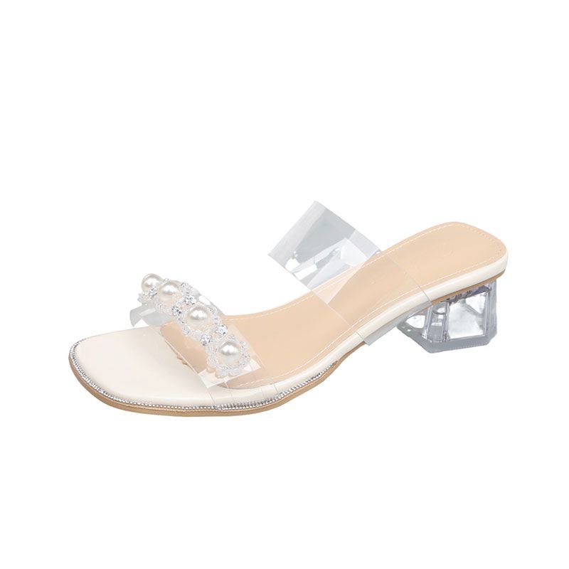 French thick heel cool slippers women's summer wear 2025 new fairy style pearl word with transparent crystal high heels