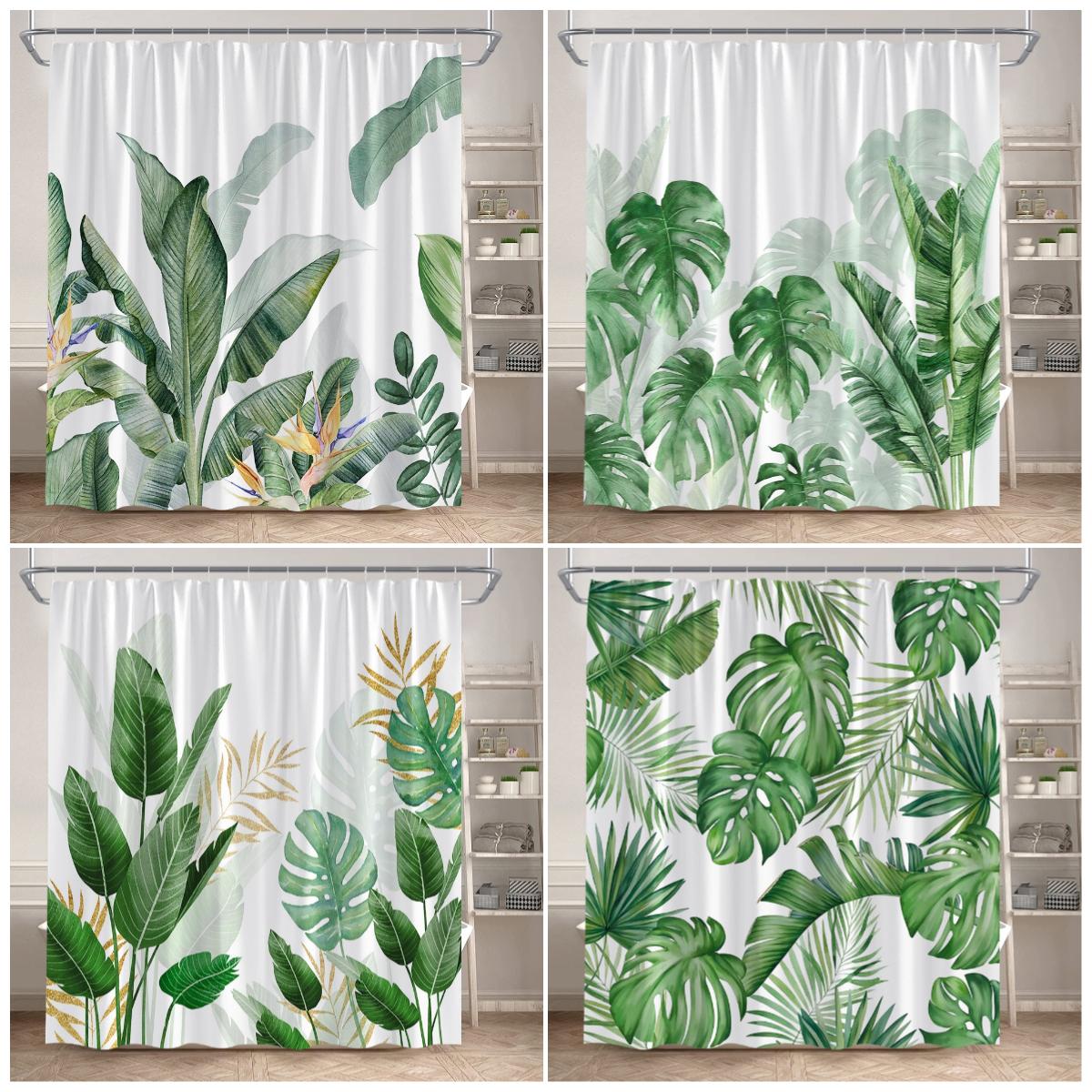 Monika Chen Green Tropical Leaves Shower Curtain Palm Leaf Monstera Plant Bath Curtains Set Polyester Fabric Home Bathroom Decor With Hooks