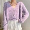 Hirsionsan Gentle Purple Mohair Cardigan Sweater Dam Cropped Mink Fleece Enkelknäppt tröja Kvinnlig Elegant mode varma toppar