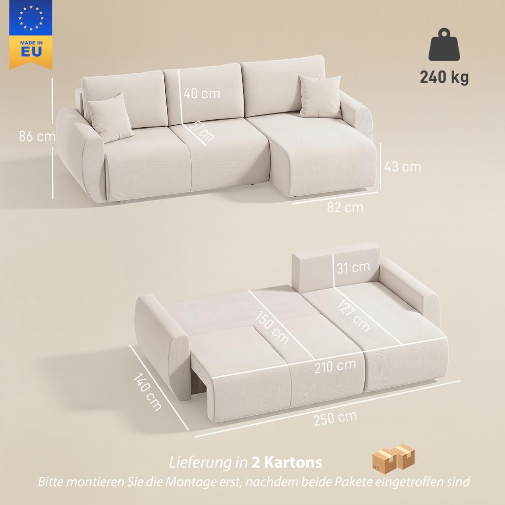 Sleeper Sofa with Reversible Chaise Longue, L-Shaped 3-Seater Sofa with Velour Cover, Cream White
