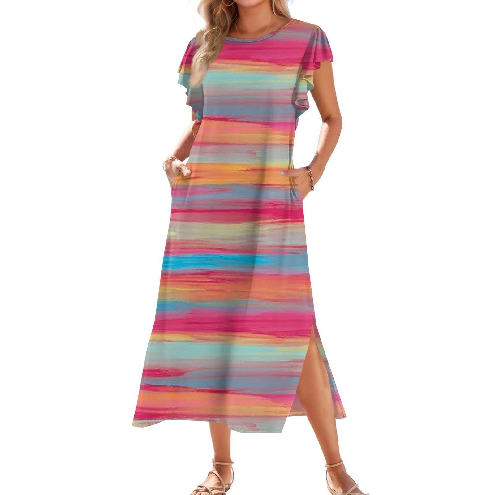 

Женское модное летнее повседневное пляжное платье с плиссированными рукавами, свободными полосатыми короткими рукавами, круглыми завязками и карманами XL киноварь