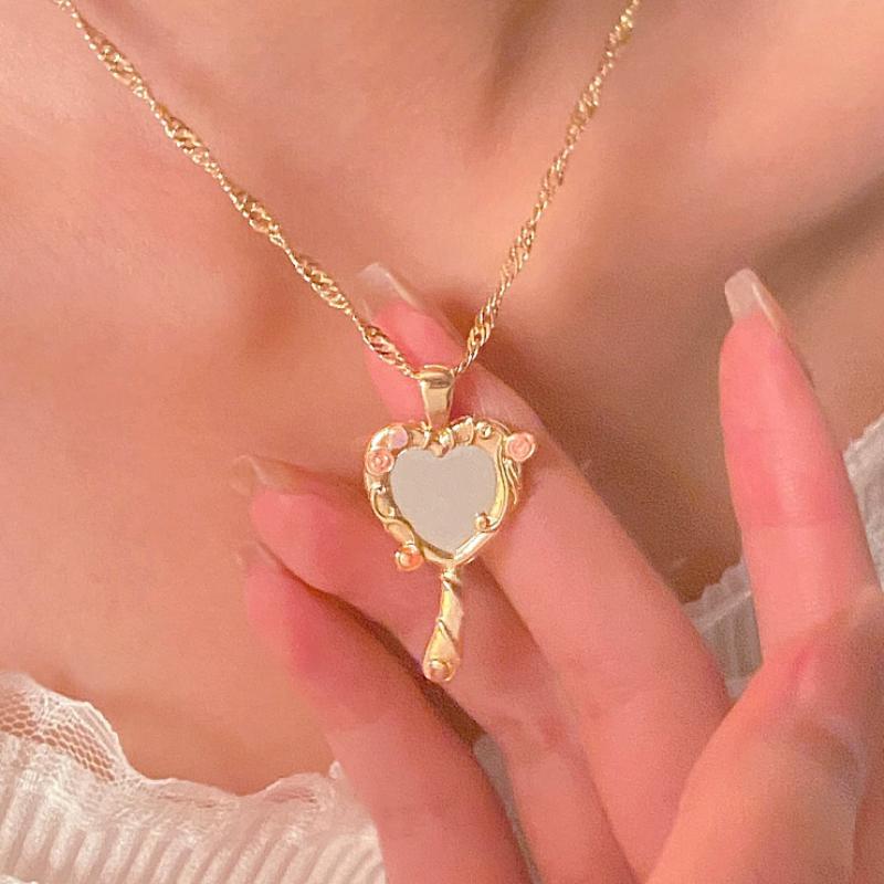 Neue Modische Herzförmige Spiegel Anhänger Halskette, Damen Süßes Temperament Feier Party Zubehör Geschenk